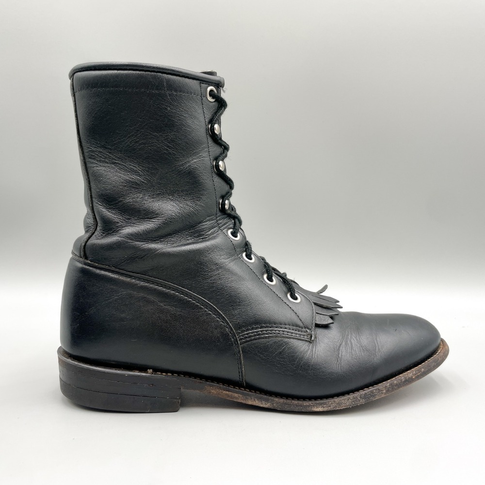 Justin Womens 9 B Hiram Kiltie Roper Boots Vintage Black Leather Grunge Boho USA